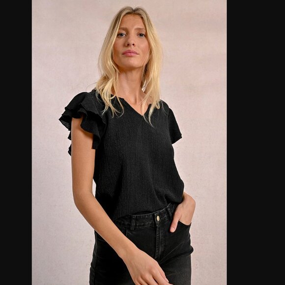 Molly Bracken La Soir Black Ruffle Texture Top / Blouse - Picture 1 of 7